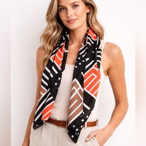 Vintage 70s Orange Black Brown Geometric Scarf Made in USA Abstract Mod Print